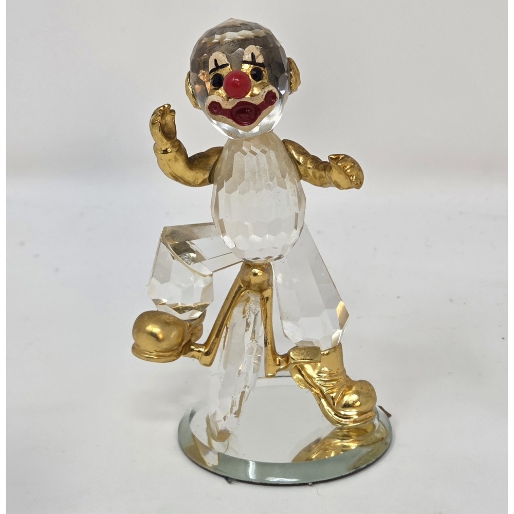 German Crystal Clown Figurine 24K Gold Plated Trim Mirror Base 3in‎ Vintage